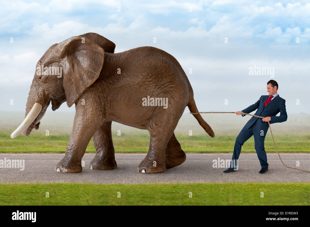 Geschäft Widerstand, Zurückhaltung Konzept Geschäftsmann Ruhigstellung eines Elefanten Stockfoto