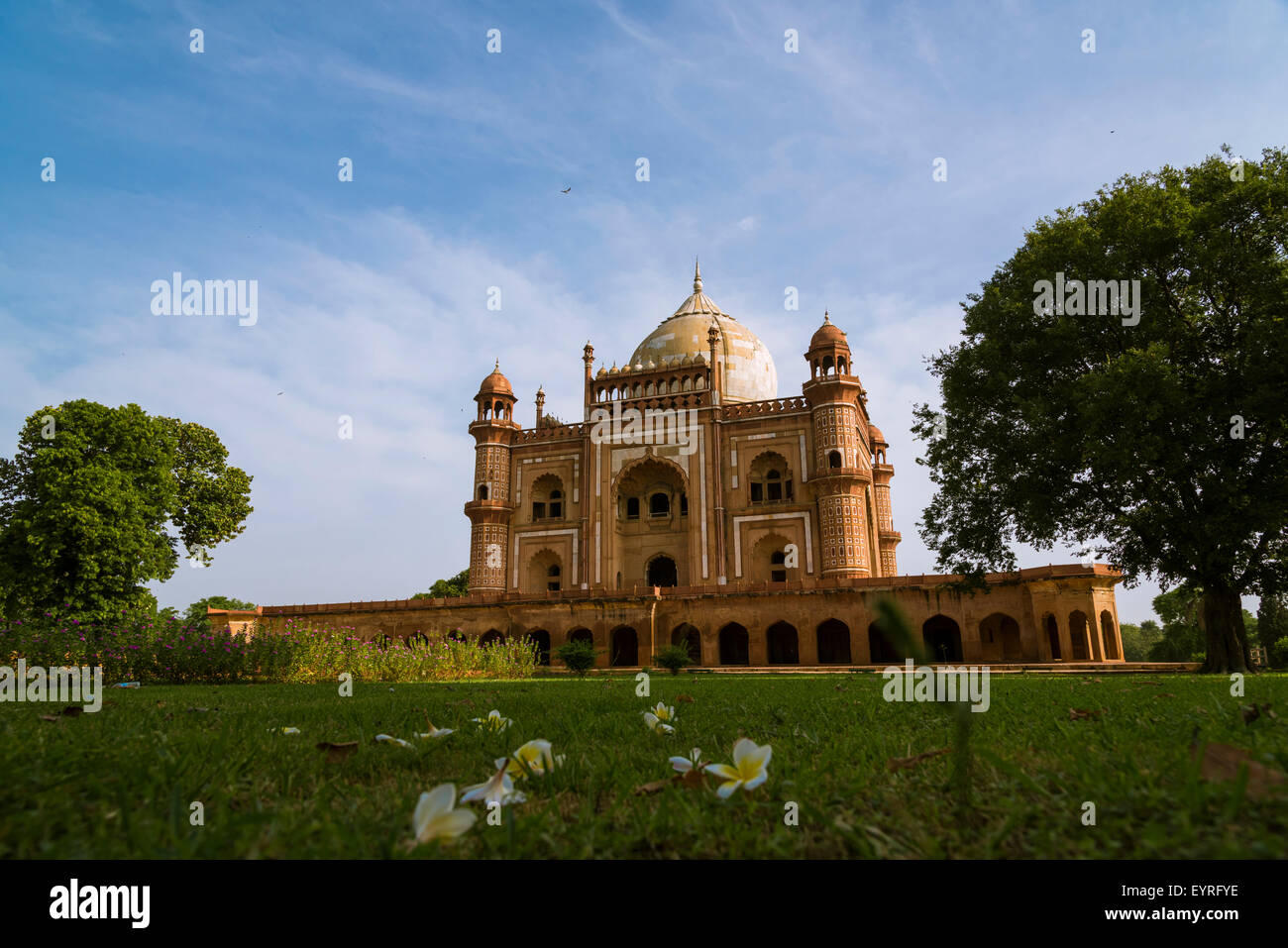 Safdarjung/Safdarjang Grab mit Garten und Plumeria weiße gelbe Blume, New Delhi, Indien, klarer blauer Himmel mit Wolken und Bäume Stockfoto