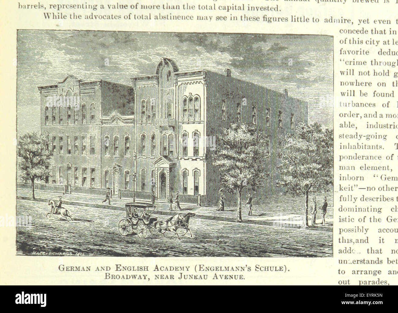 Ein Foto von Seite 89 von „The City of Milwaukee Guide“, das historische Szenen aus der Siedlung der Stadt und wichtige Ereignisse wie die Milwaukee Exposition, State Fair und Sangerfest zeigt. Stockfoto