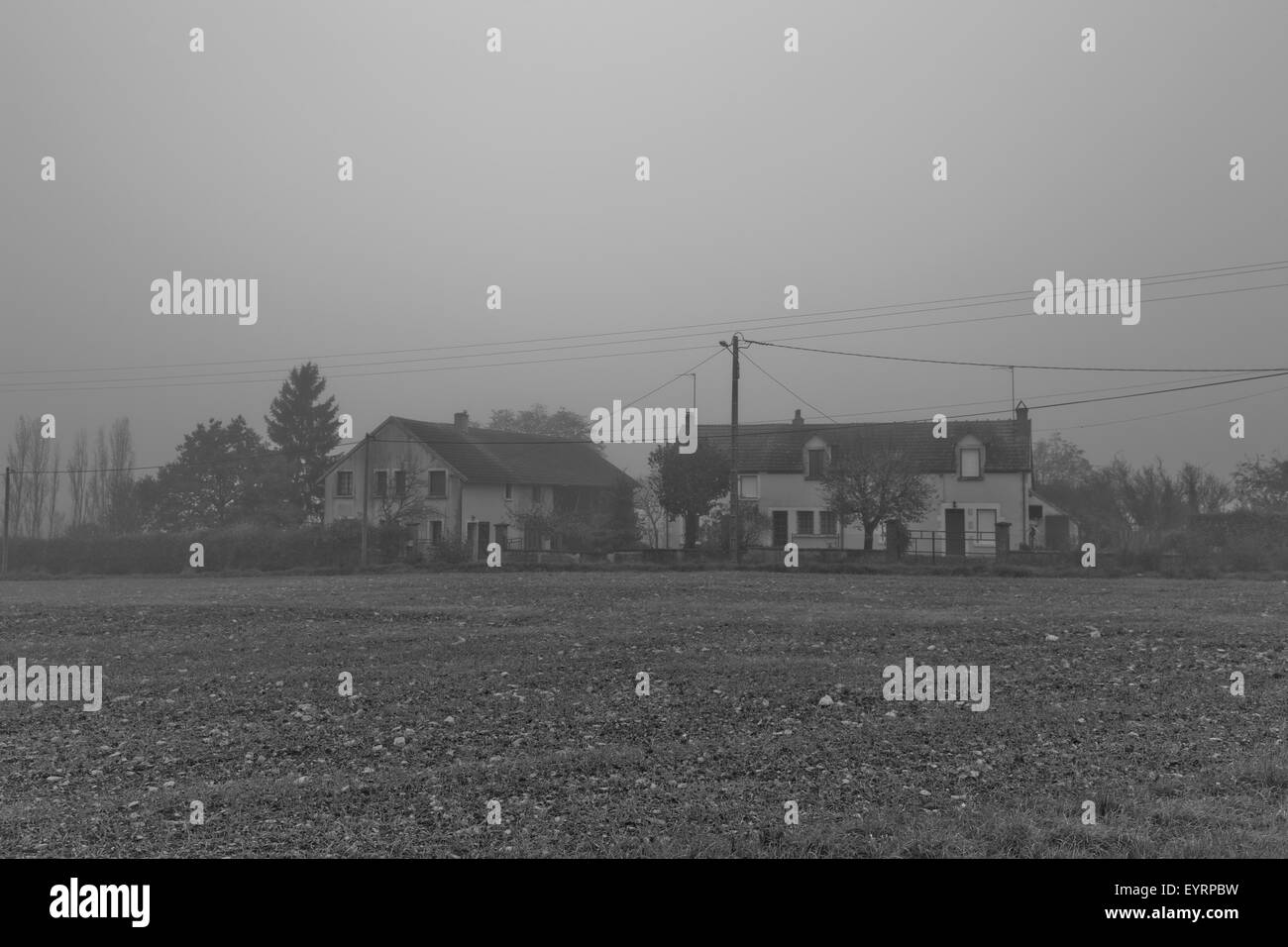 Bauernhof im Nebel Stockfoto