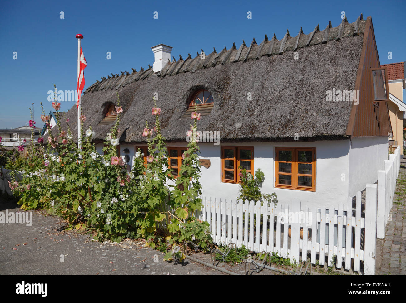 Charmantes altes Haus mit Strohdach und stockrosen im Garten auf
