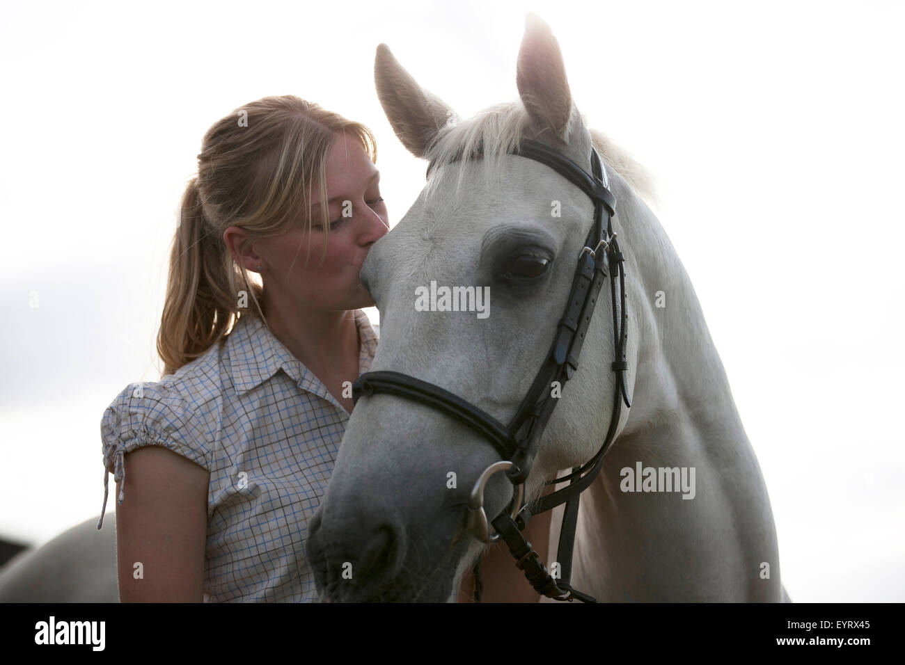 Eine junge Frau, die ein Pferd küssen Stockfoto