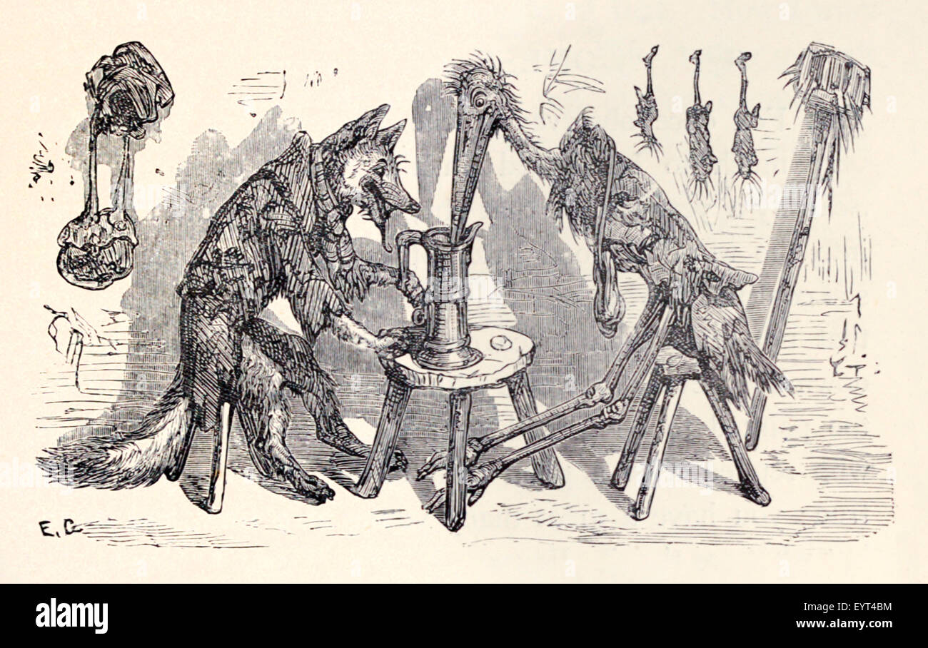 "Der Fuchs und der Storch" (aka Kran) Fabel von Aesop (ca. 600). Ein Fuchs und Storch Handel Abendessen in Gerichten der andere hat eine harte Zeit mit. Eine schlechte Wendung verdient eine andere. Illustration von Ernest Grisnet (1844-1907). Siehe Beschreibung für mehr Informationen. Stockfoto