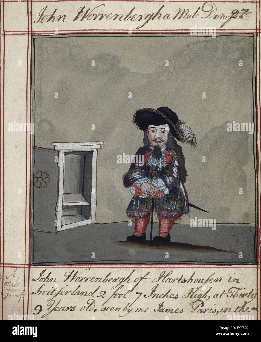 Das Bild zeigt eine Zeichnung von John Worrenbergh, einem Schweizer Zwerg von 2 Fuß 7 Zoll, wie von James Paris 1689 in London dokumentiert, und zeigt menschliche Wunder. Stockfoto