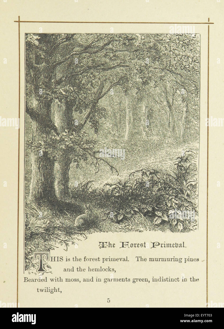Ein Foto von Seite 35 von „Songs of the Woods“, einem Geschenkbuch mit poetischen Werken über die Natur, begleitet von Illustrationen von Giacomelli. Das Bild hebt die poetischen Themen und künstlerischen Darstellungen von Waldszenen hervor. Stockfoto