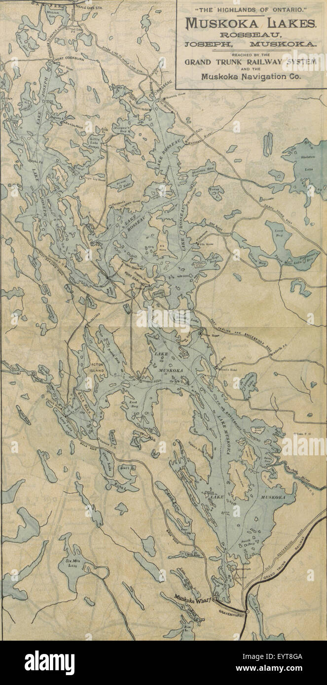 Eine Karte von „Muskoka durch eine Kamera“, die geografische Merkmale von Muskoka zeigt, aufgenommen von Seite 40. Stockfoto