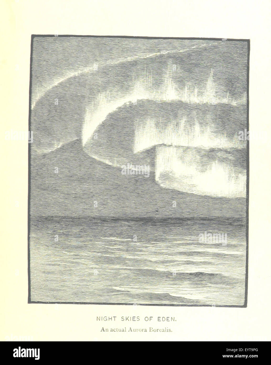 Dieses Bild aus „Paradies gefunden“ zeigt eine prähistorische Szene, die das Konzept des Nordpols als Wiege der Menschheit darstellt und einen spekulativen Blick auf die frühe menschliche Geschichte und Umgebung bietet. Stockfoto