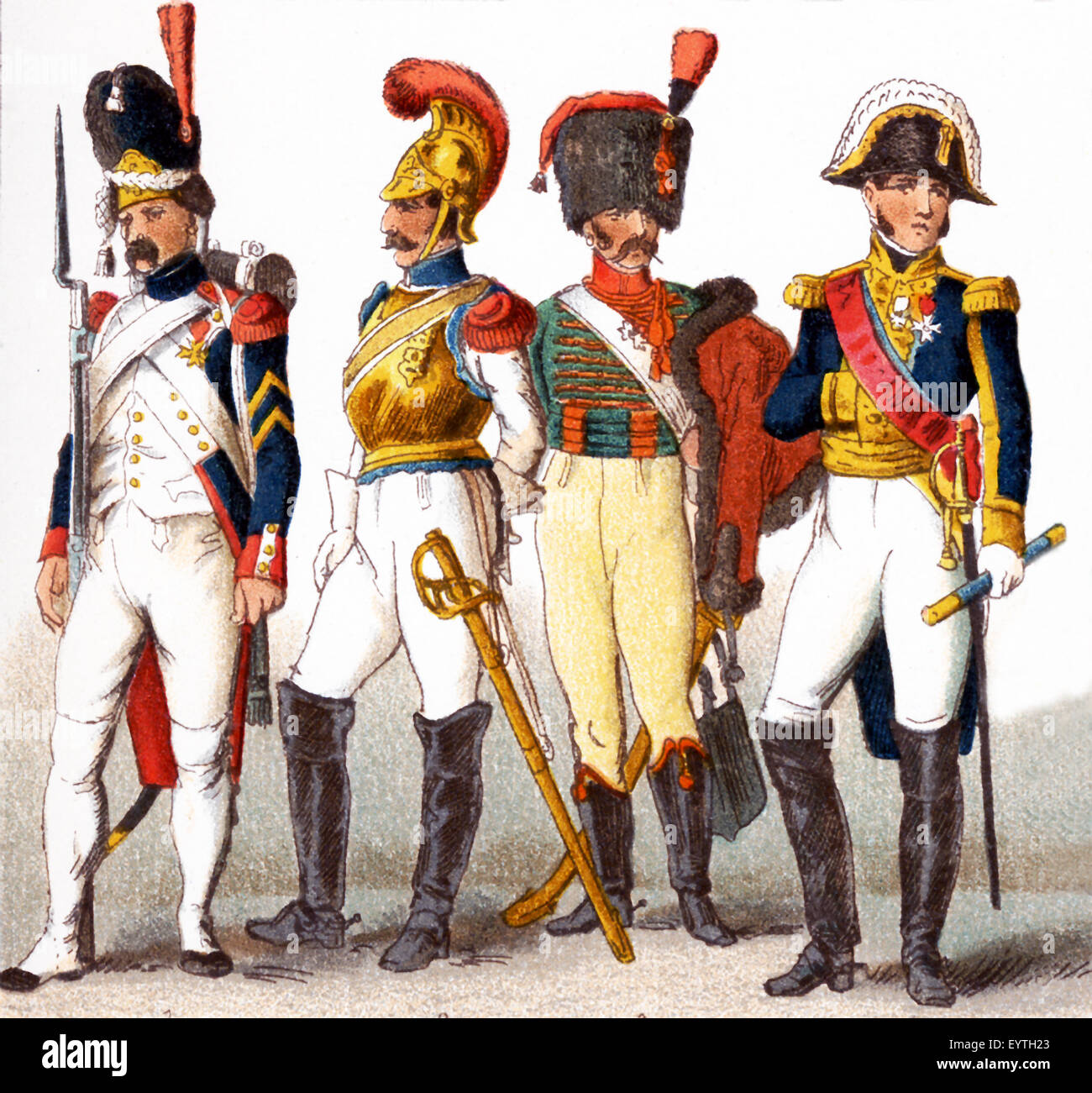 Die hier abgebildeten Figuren repräsentieren französische Armee in den frühen 1800er Jahren. Von links nach rechts, sie sind: Grenadier der kaiserlichen Garde 1809, Personenkörbe 1812, Chasseur und allgemeine 1810. Die Abbildung stammt bis 1882. Stockfoto