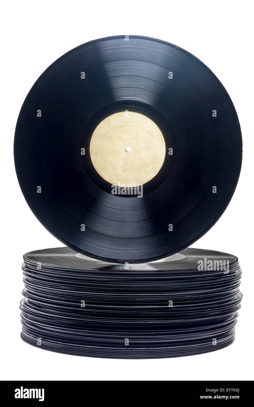 Stapel von Vinyl, lange spielen Datensätze mit Beschriftung auf weißem Hintergrund. Stockfoto