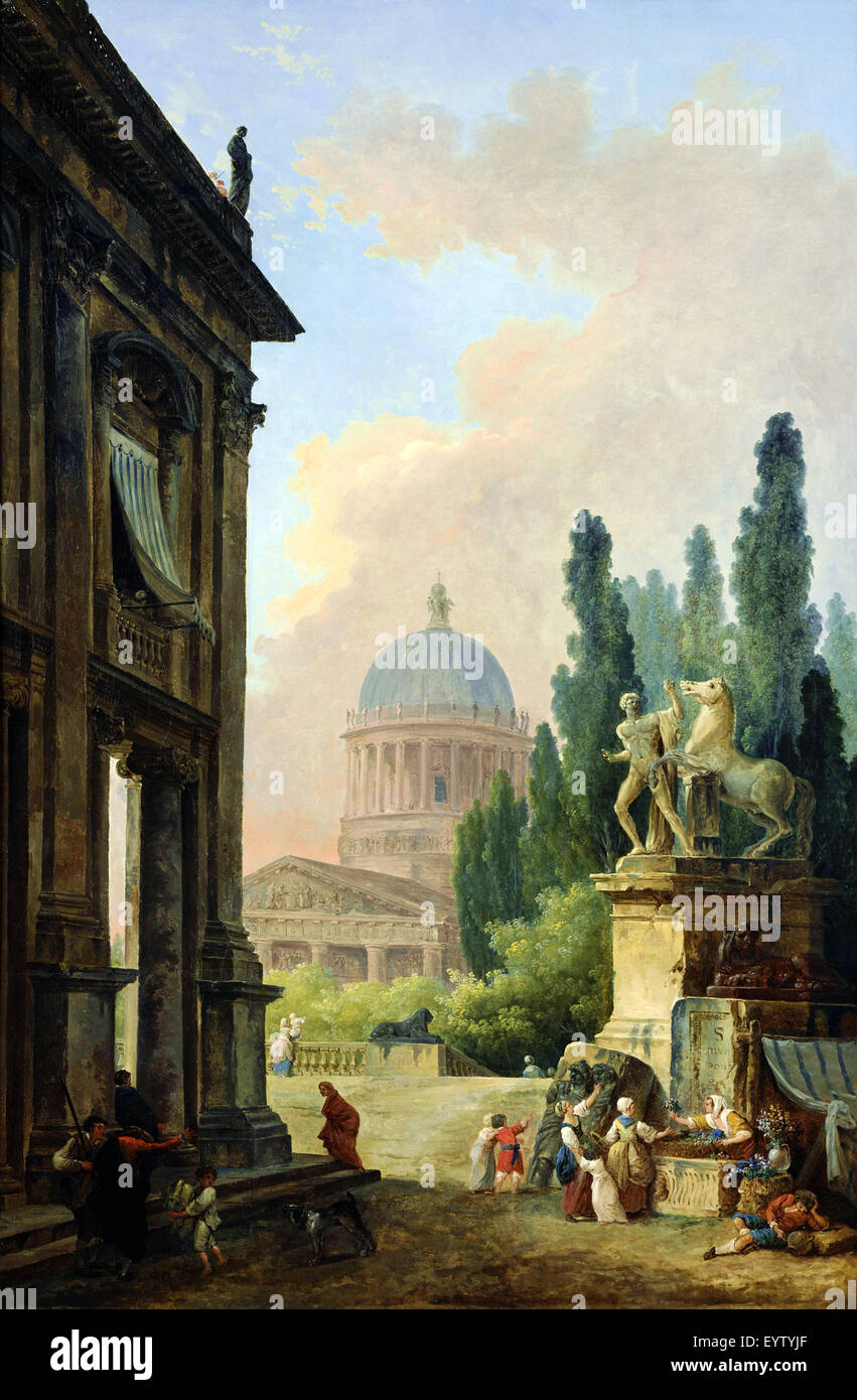 Hubert Robert, imaginäre Ansicht von Rom mit dem Pferd-Zähmer von Monte Cavallo und eine Kirche 1786 Öl auf Leinwand. Nationalmuseum Stockfoto