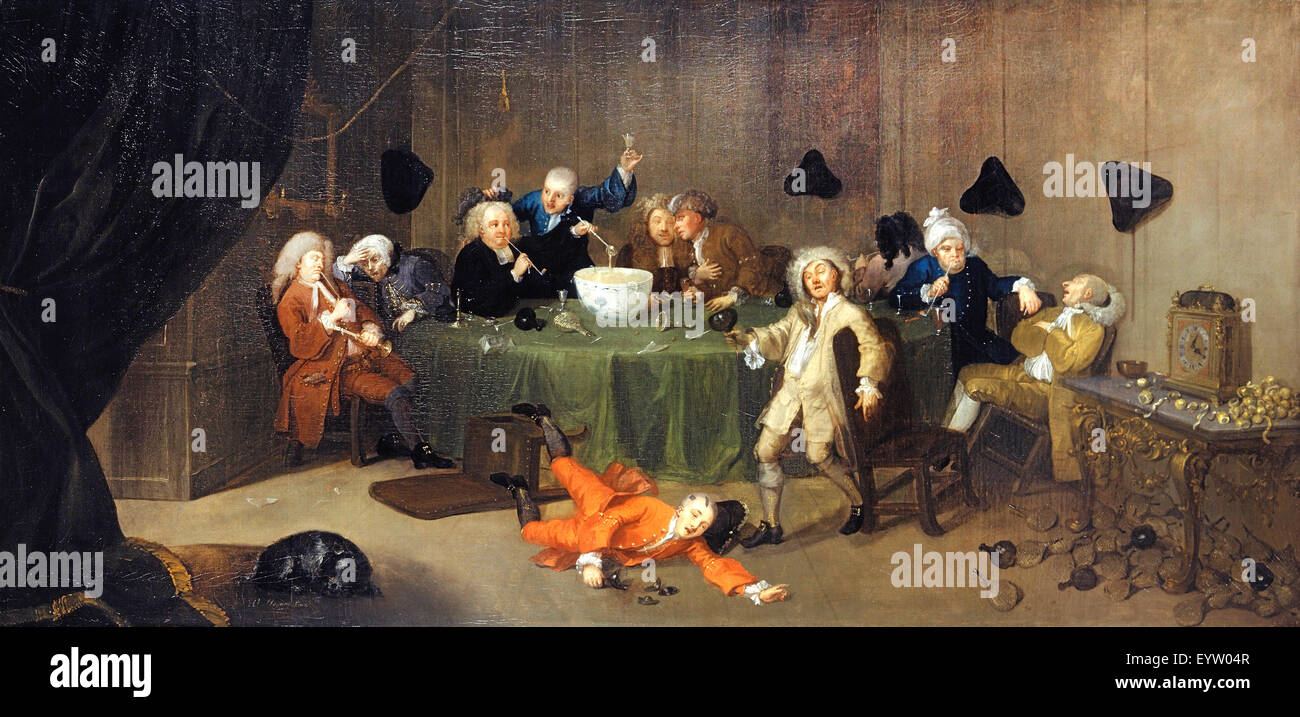 William Hogarth, eine Mitternacht moderne Unterhaltung. Ca. 1732. Öl auf Leinwand. Yale Center for British Art, New Haven, USA. Stockfoto