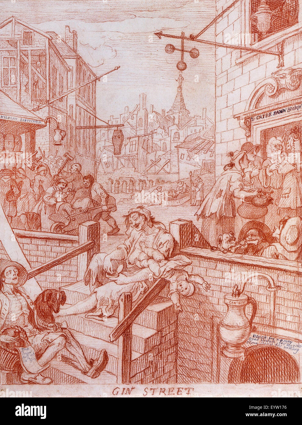 William Hogarth, Gin Straße 1750 Rötel, einige Graphit; mit einem Stift eingeschnitten. Der Morgan Library and Museum, New York, USA. Stockfoto