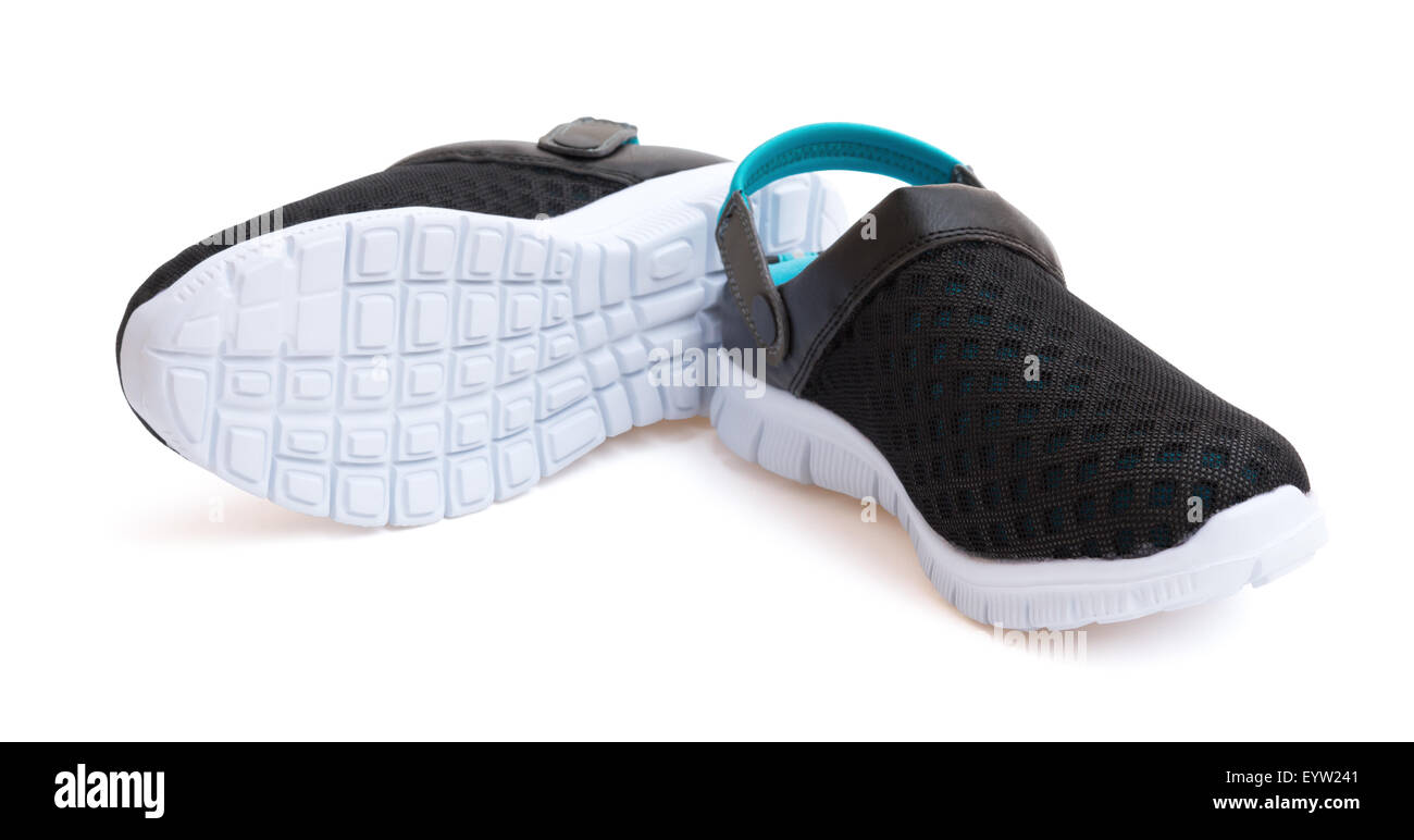 paar schwarze Schuhe auf weißem Hintergrund mit Beschneidungspfad Stockfoto