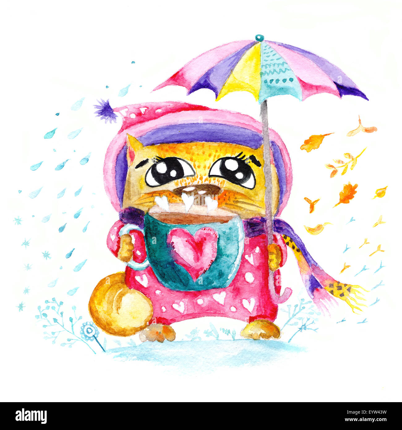 Kinder Illustration Malerei mit Kitty hält eine Tasse Tee und Regenschirm mit Herz Liebe Form Stockfoto