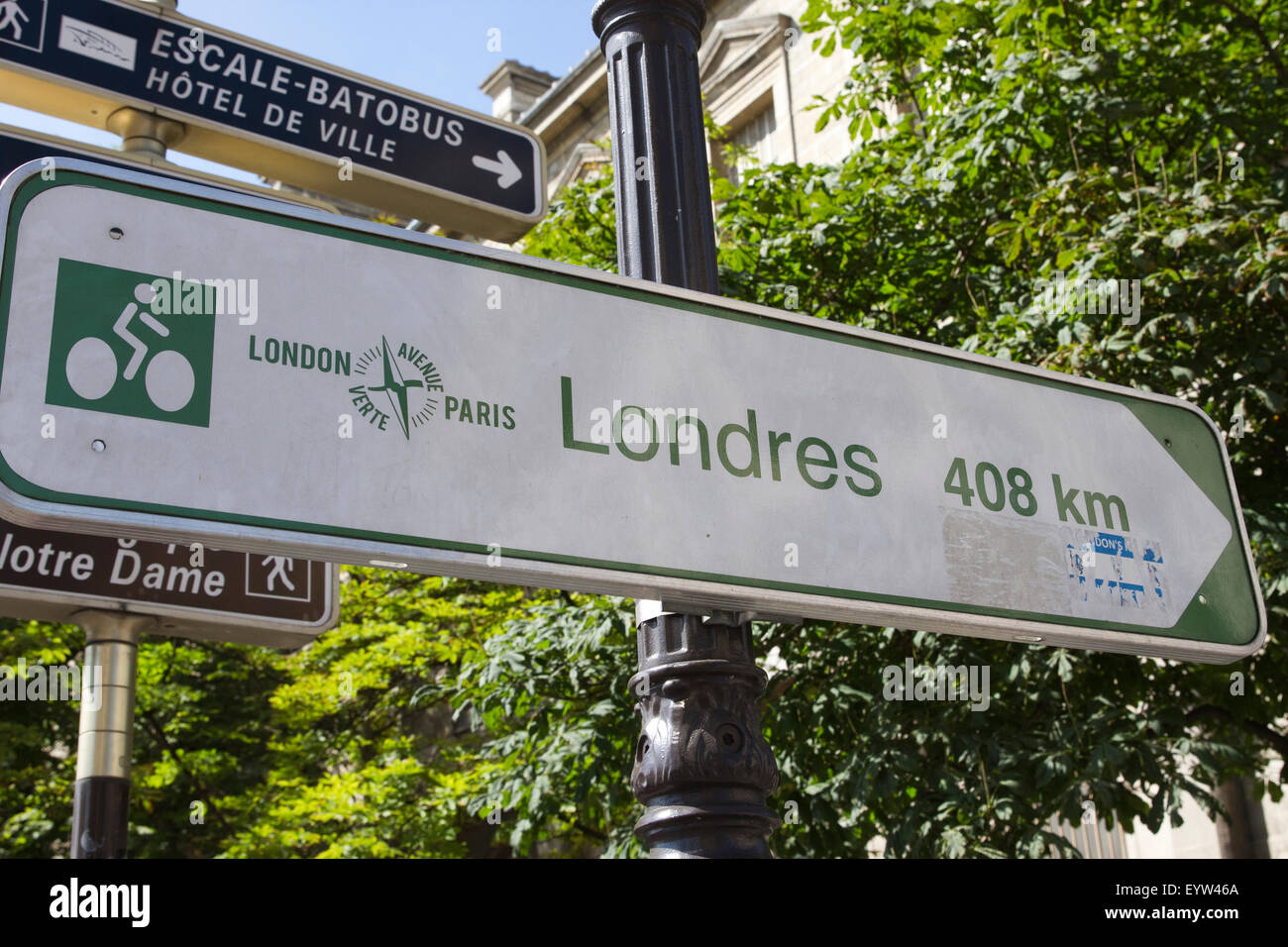 Avenue Verte London - Paris-Zyklus Weg Straßenschild für Londres (London). Stockfoto