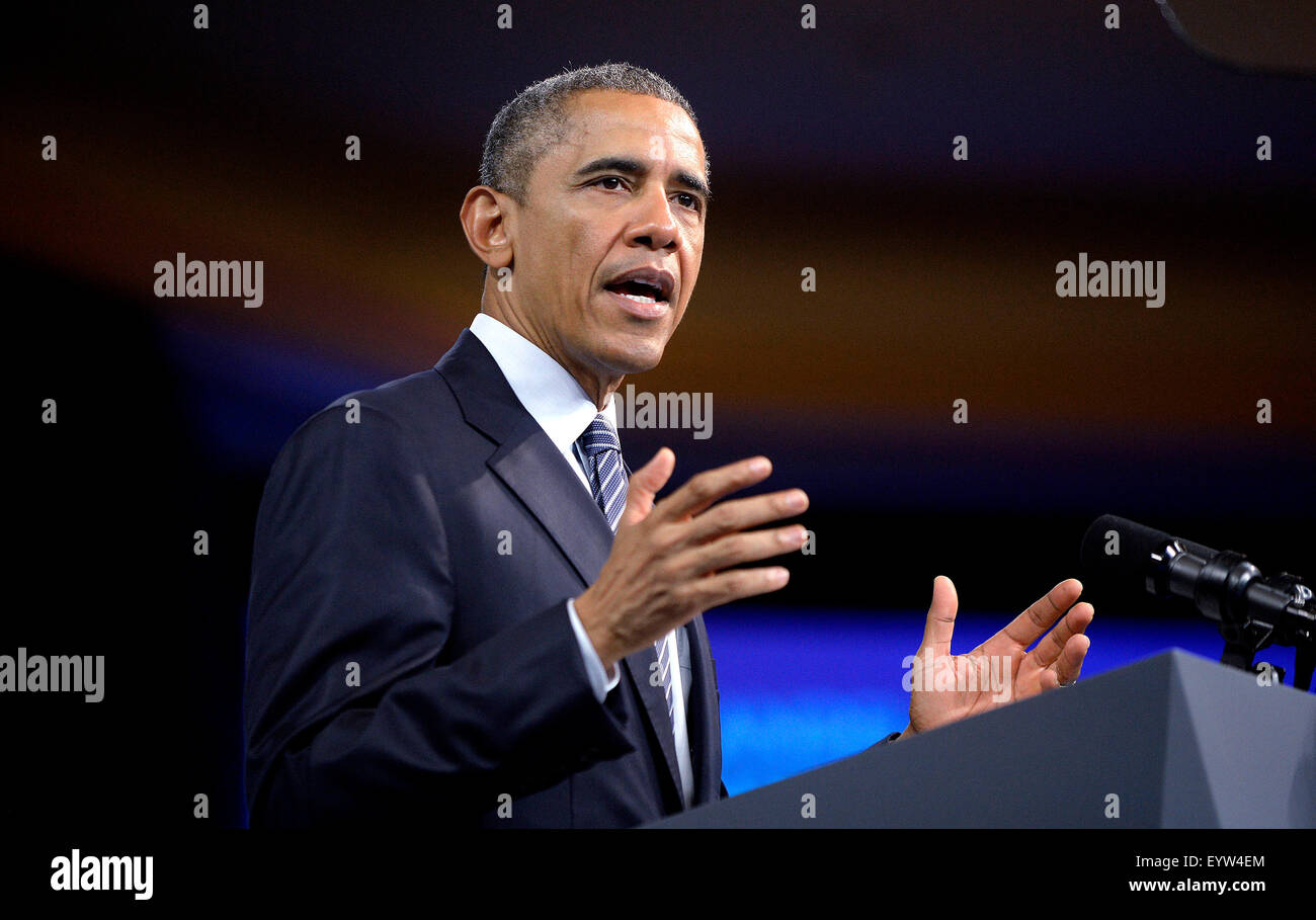 US-Präsident Barack Obama spricht im Rathaus auf dem jungen afrikanischen Führer Initiative (YALI) Mandela Washington Fellowship Presidential Gipfel im Omni Shoreham Hotel am 3. August 2015 in Washington, DC Credit: Olivier Douliery/Pool über CNP - NO-Draht-Dienst - Stockfoto