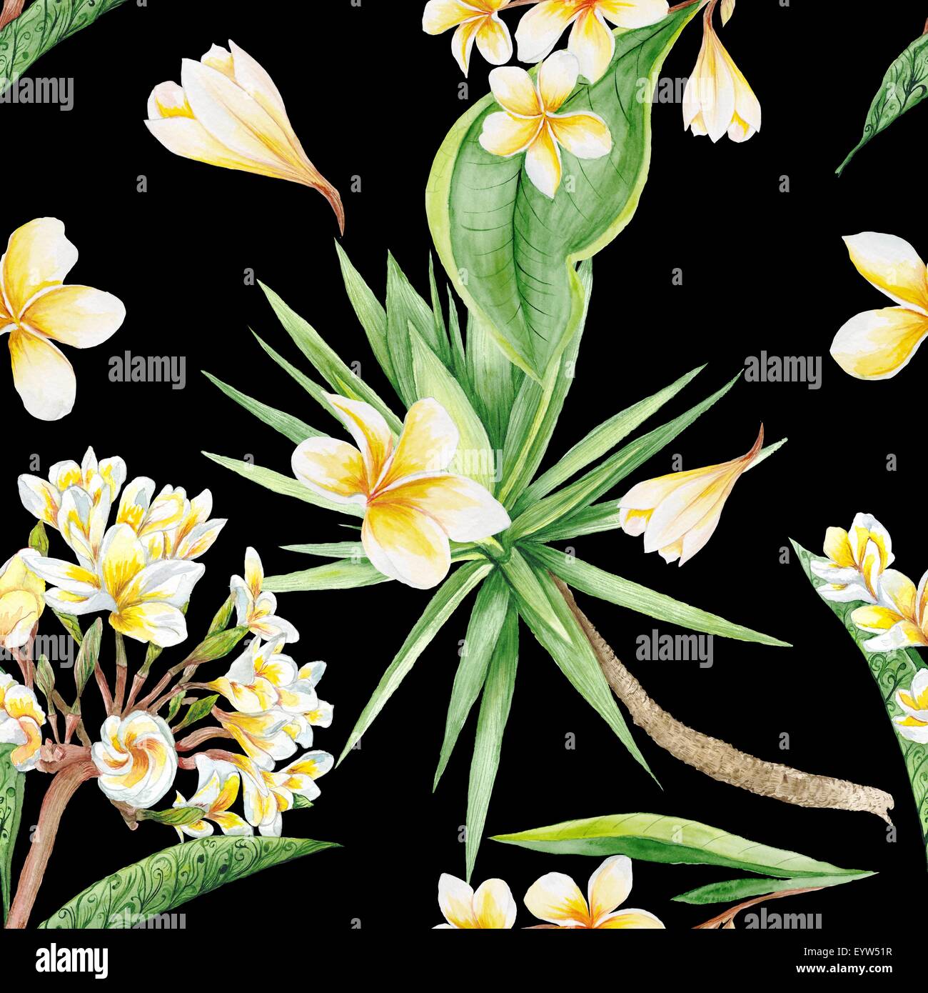 Nahtlose exotische Aquarell Abbildung mit Plumeria Blumen und Yucca-Palme Stockfoto