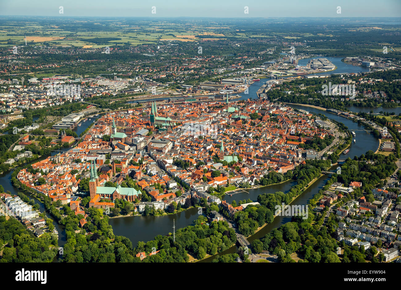Altstadt von Lübeck mit der Trave und Obertrave, Bucht von Lübeck, Lübeck, Schleswig-Holstein, Deutschland Stockfoto