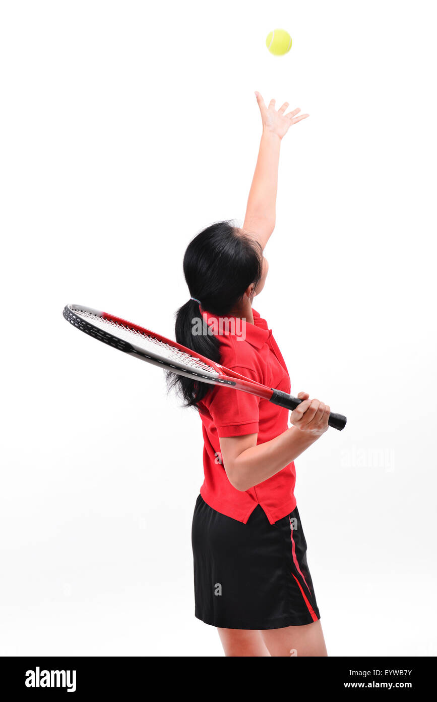 Tennisspieler, die isoliert auf weißem Hintergrund Stockfoto