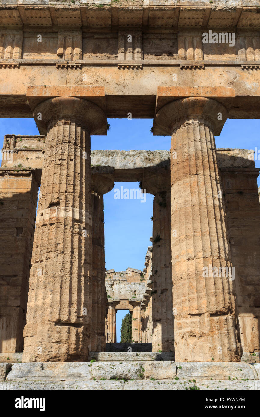 Tempel des Poseidon, 450 v. Chr., größte und am besten erhaltenen griechischen Tempel in Paestum, UNESCO-Weltkulturerbe, Campania, Italien Stockfoto