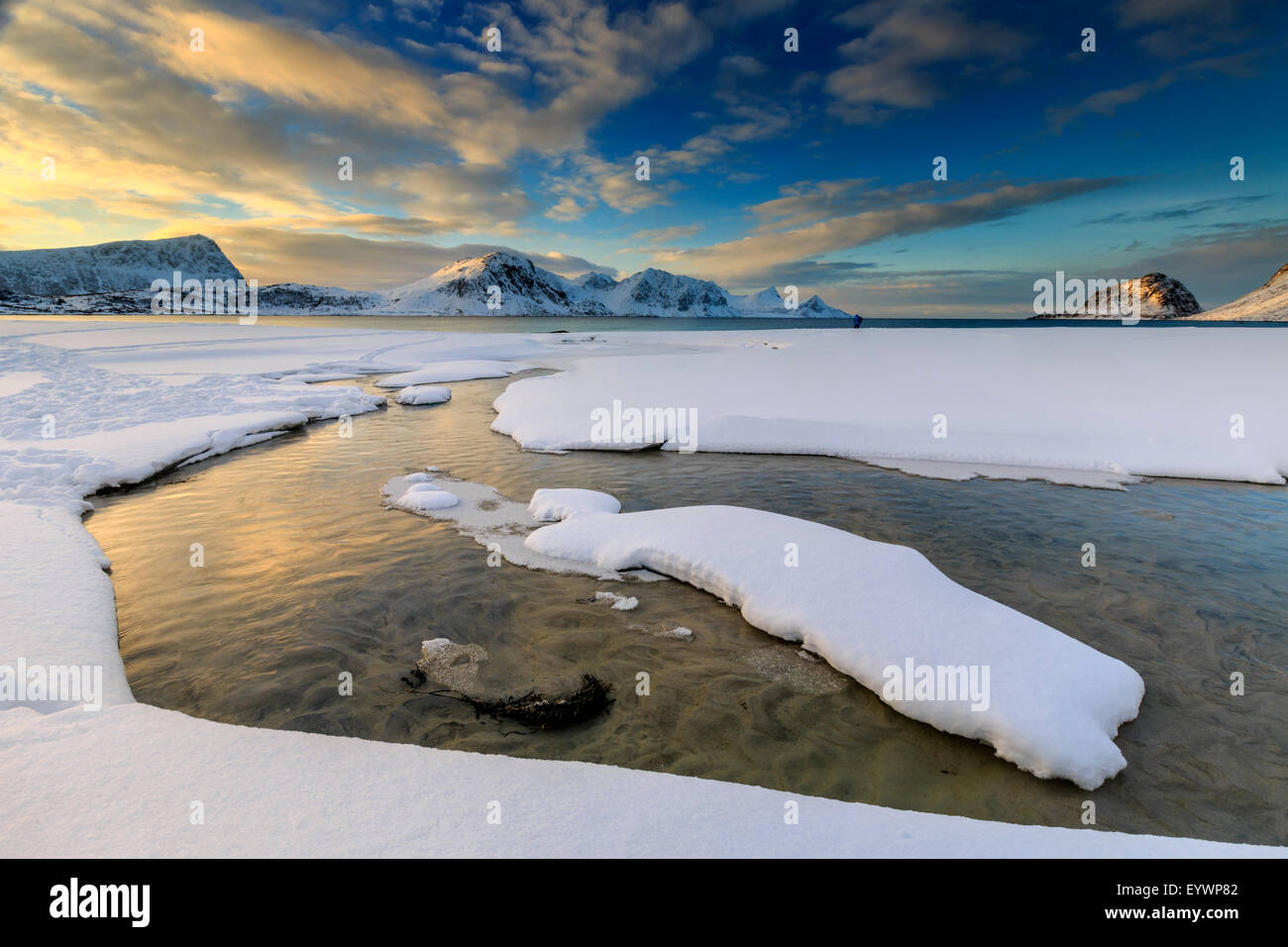 Die goldene Sonnenaufgang spiegelt sich in einem Pool an das klare Meer, wo der Schnee geschmolzen ist, Haukland, Lofoten-Inseln, Arktis, Norwegen Stockfoto