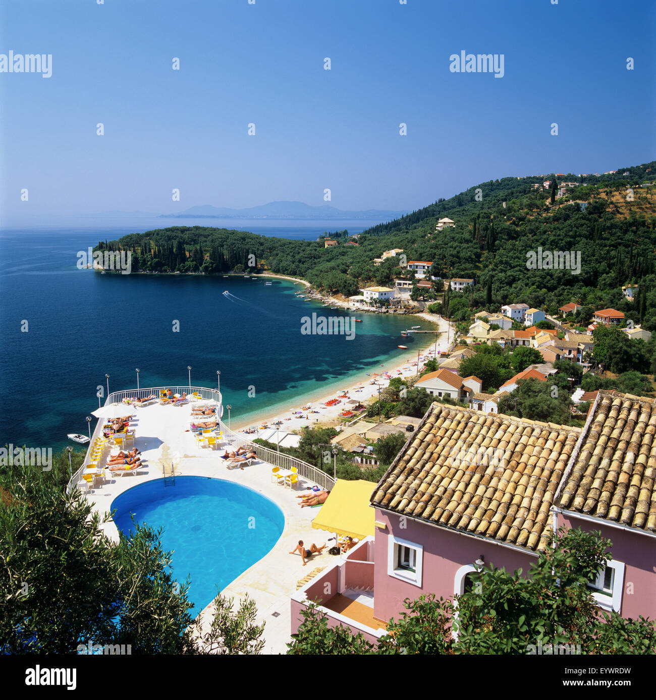 Blick über die Bucht von Kalami, Nord-Ostküste, Korfu, Ionische Inseln, griechische Inseln, Griechenland, Europa Stockfoto