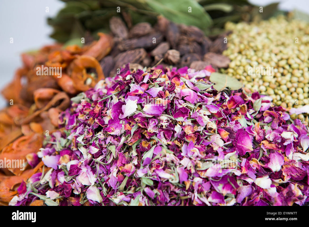 Eine Schüssel mit Gewürzen und Kräutern, die in der indischen Küche einschließlich getrockneten Rosenblättern Lorbeerblatt, Muskatblüte, Koriandersamen und schwarzer Kardamom verwendet. Stockfoto