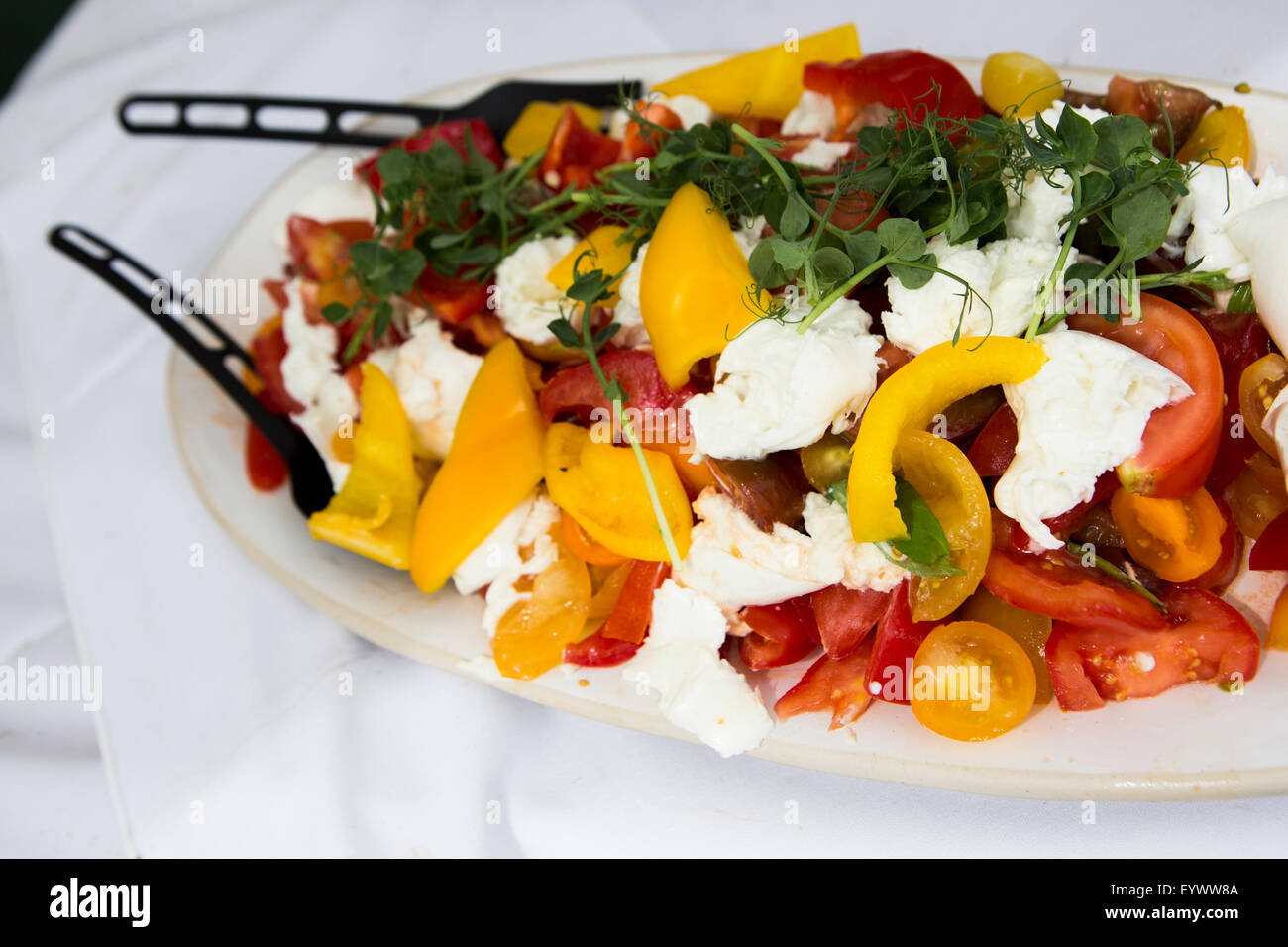 Büffel-Mozzarella, Tomaten und gelbe Paprika-Salat mit Kapuzinerkresse garnieren. Stockfoto
