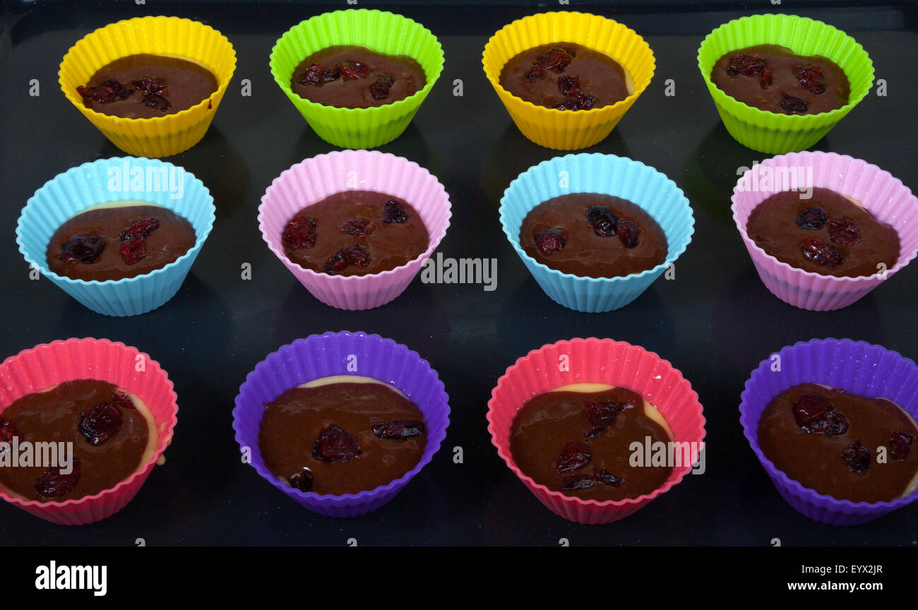 Zwölf Schoko-Muffin-Form mit Teig auf einem Bräter Stockfoto