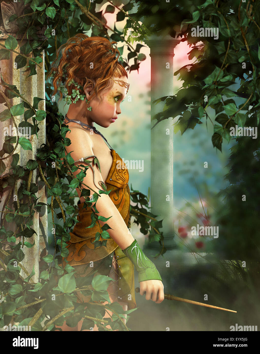 3D Computergrafik von einem niedlichen Märchen mit einem Zauberstab in der hand Stockfoto