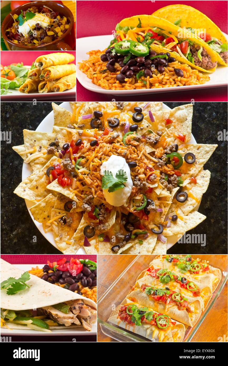 Collage aus verschiedenen mexikanische Gerichte wie Enchiladas Taquidos