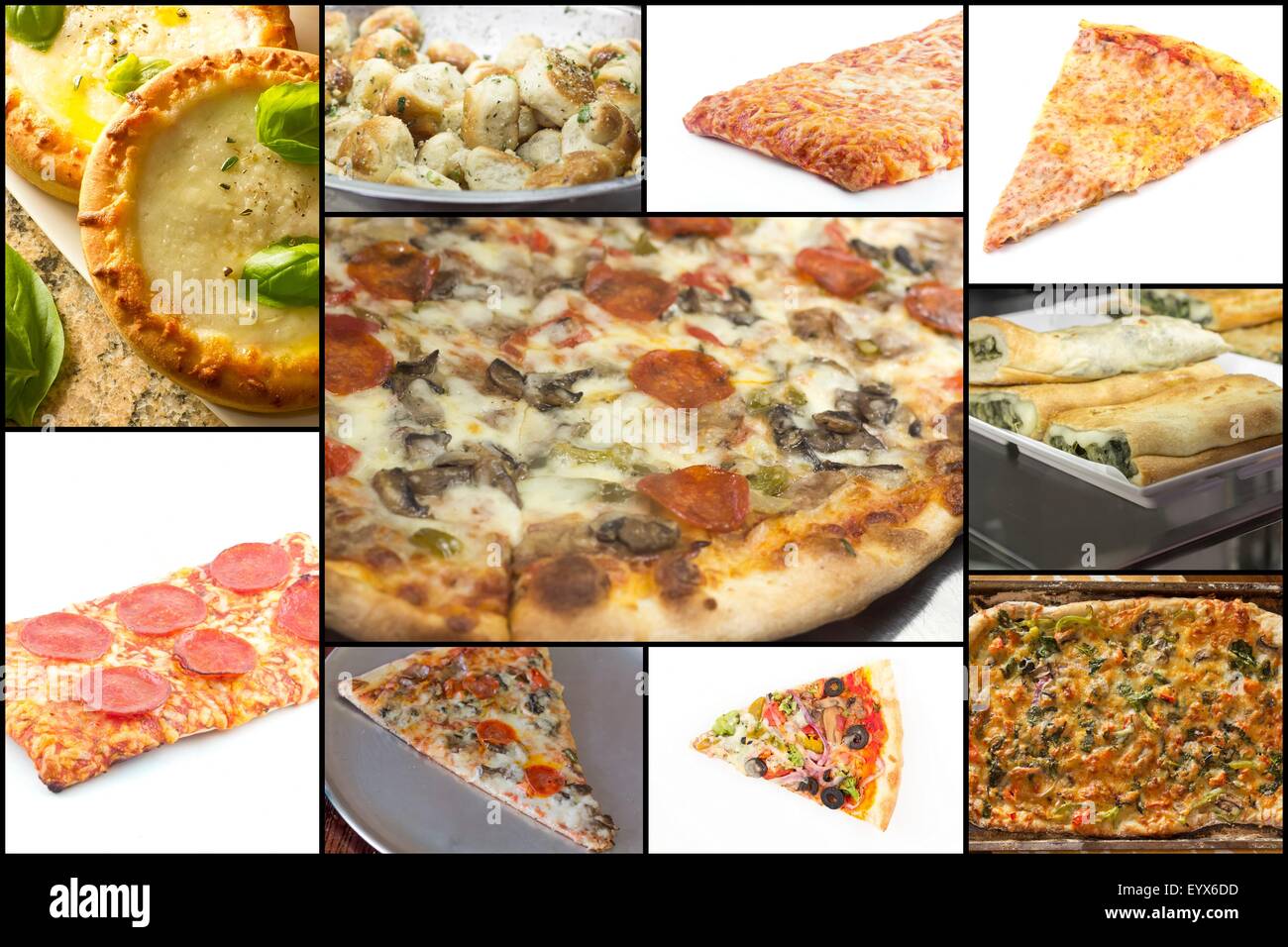 Vielzahl von leckeren Pizza im italienischen Restaurant Collage-Versionen Stockfoto
