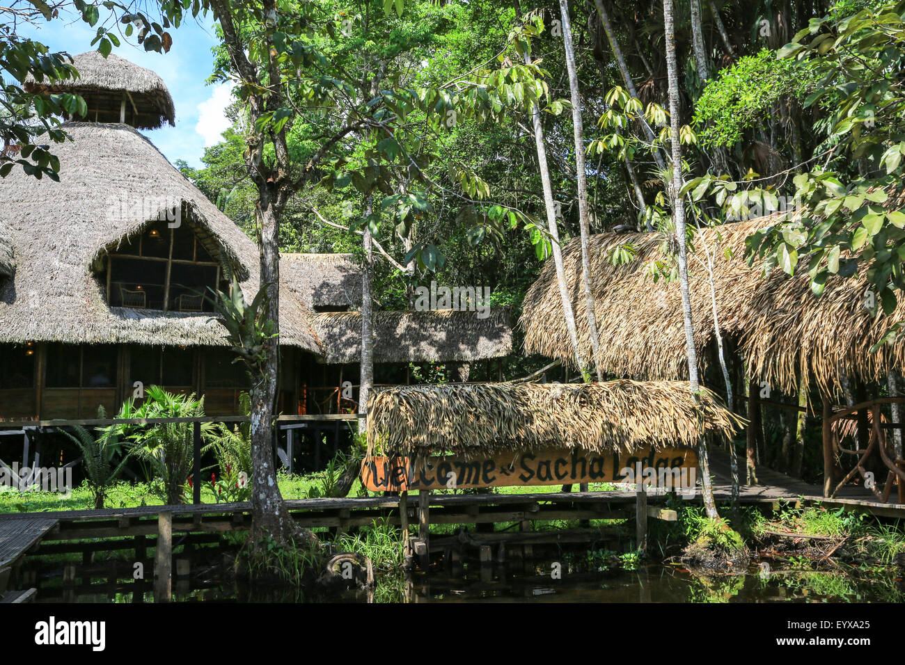 Willkommen Schild am Sacha Lodge (Hauptgebäude), Provinz Sucumbios Ecuador, Südamerika. Stockfoto