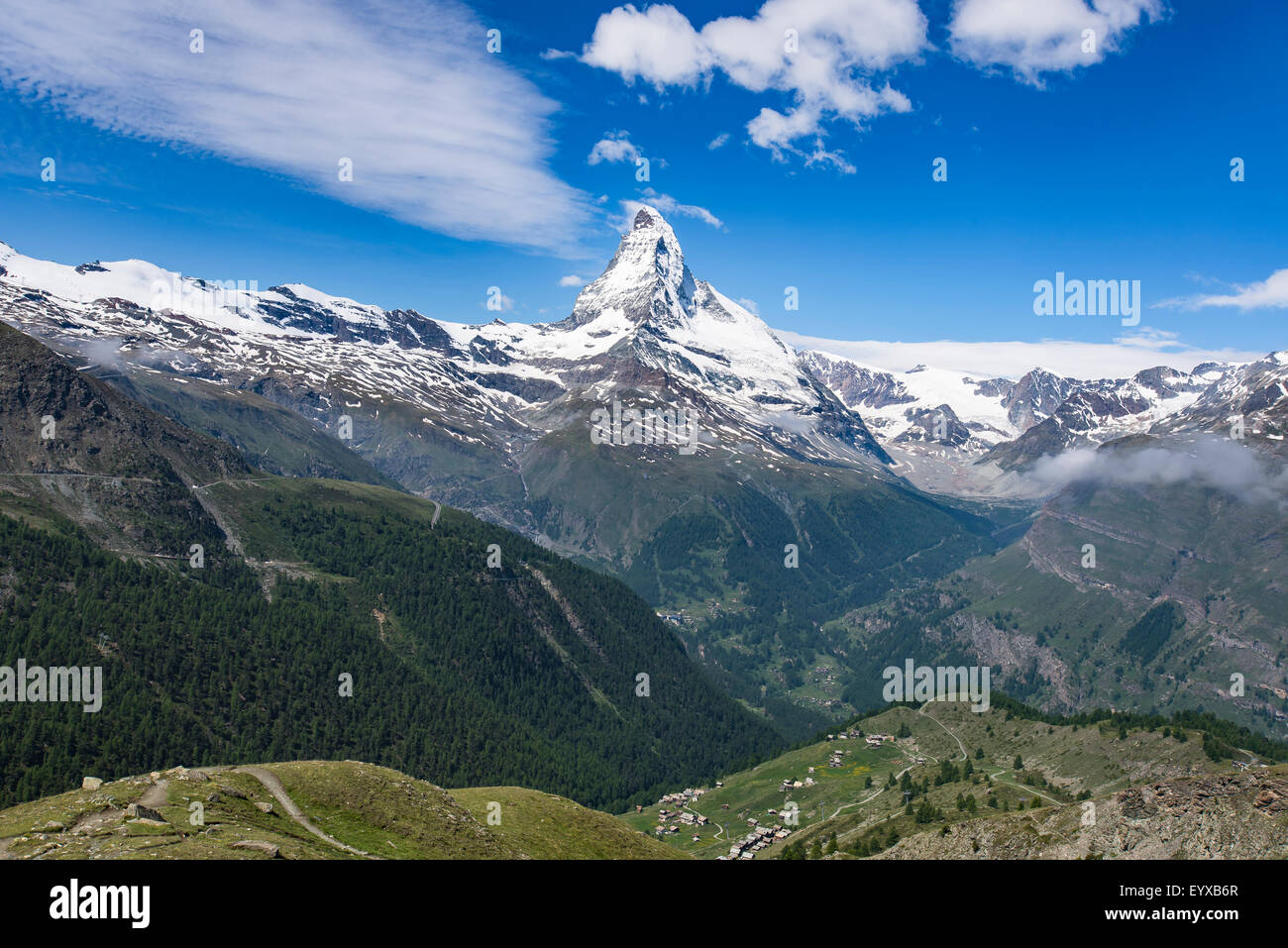 Blick auf das Matterhorn von oben Sunnegga Liftstation auf den Spuren von Marmot Stockfoto