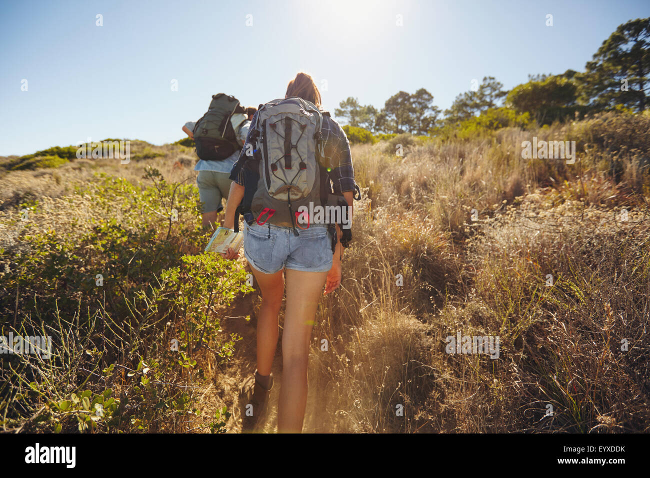 Heckansicht des paar junge Leute wandern. Junger Mann und Frau Wandern bergauf auf Berg Sommertag geht. Stockfoto