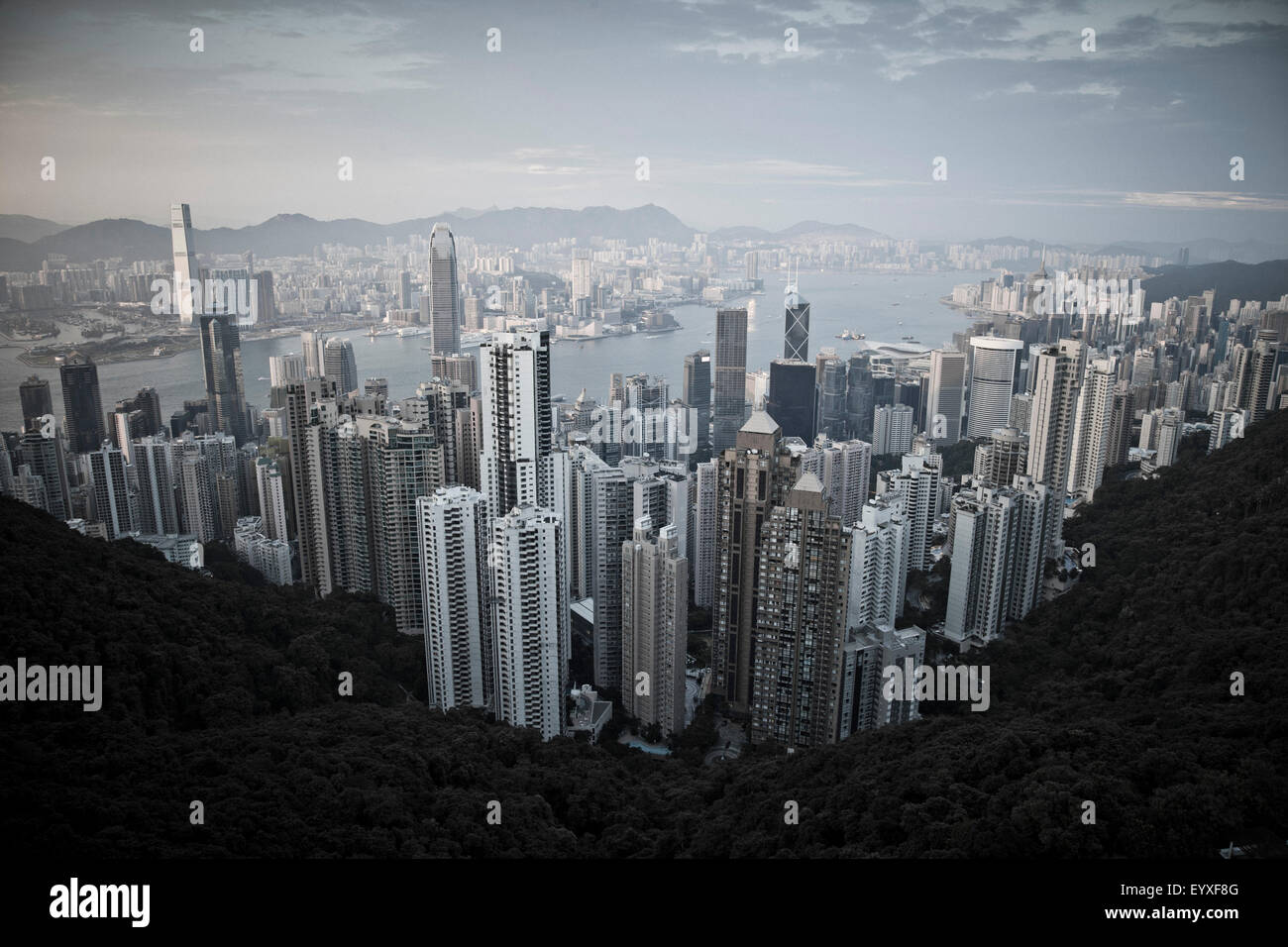 Blick vom Victoria Peak, Blick nach Norden in Richtung Victoria Harbour und Kowloon, Hong Kong Stockfoto