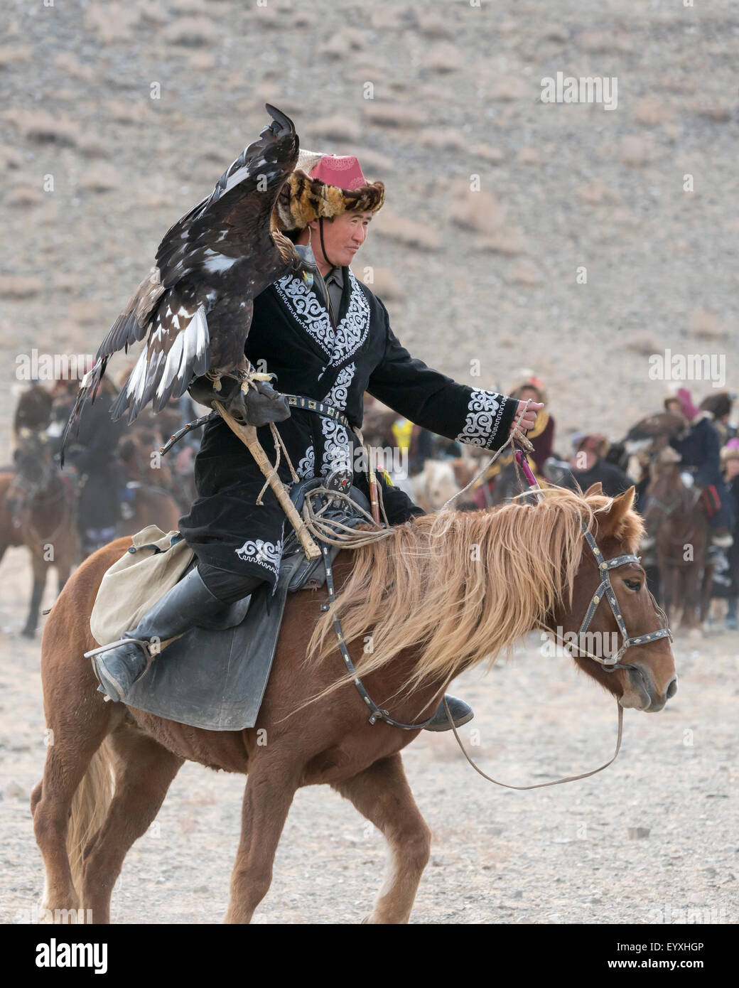 Konkurrent, braune Pferd, beste Adler, Kostüm und Pferd zu erschließen, Eagle Festival, Ölgii, westliche Mongolei Stockfoto