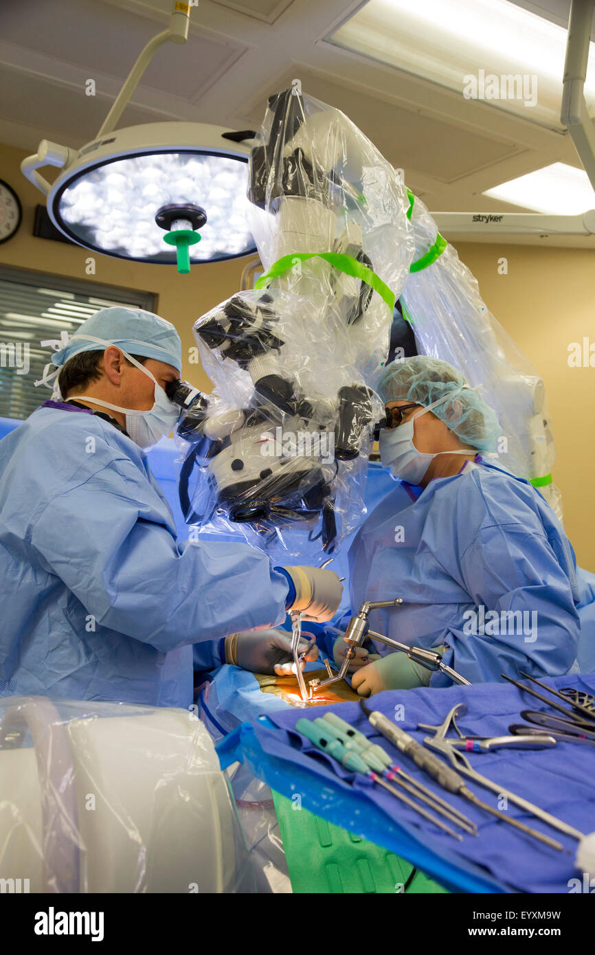 Englewood, Colorado - Dr. Paul Elliott (links) führt mikroskopische Wirbelsäulenchirurgie an einem Patienten im schwedischen Medical Center. Stockfoto