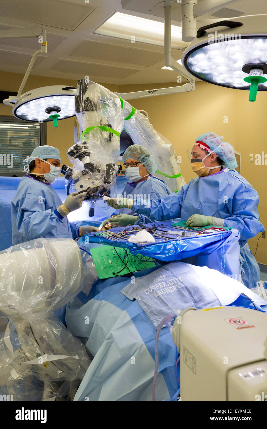 Englewood, Colorado - Dr. Paul Elliott (links) führt minimalinvasive Lendenwirbelsäule Chirurgie an der Swedish Medical Center. Stockfoto
