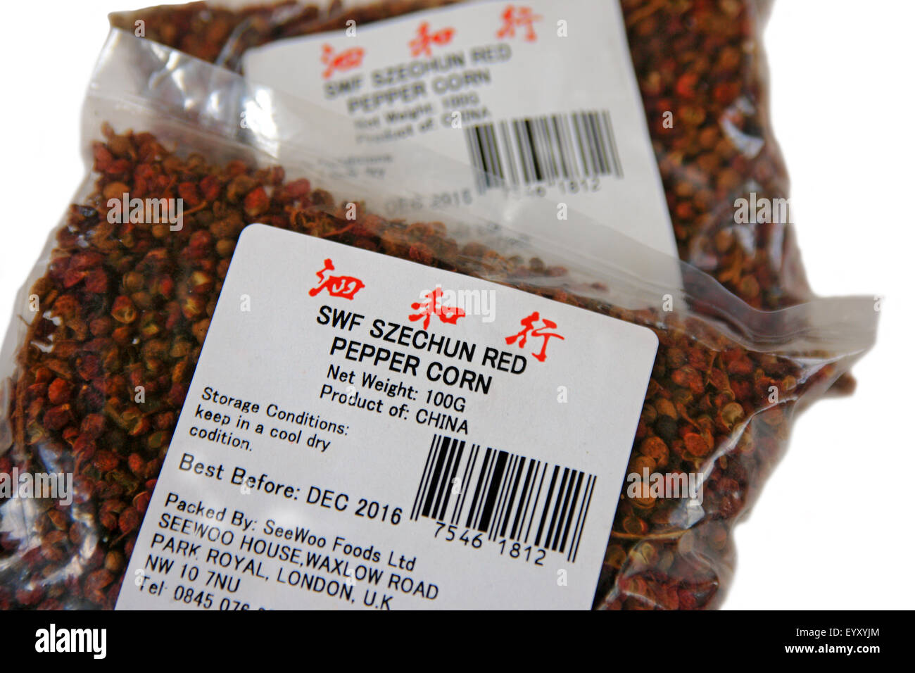 Pakete von Szechun rote Pfefferkörner Stockfoto