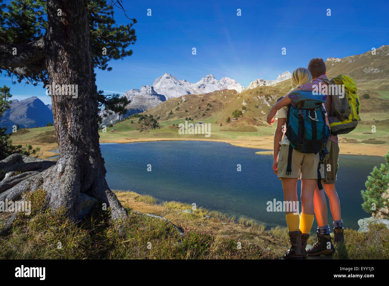 Kaukasische Wanderer bewundern entfernten See, Lai da Vons, Kanton Graubünden, Schweiz Stockfoto