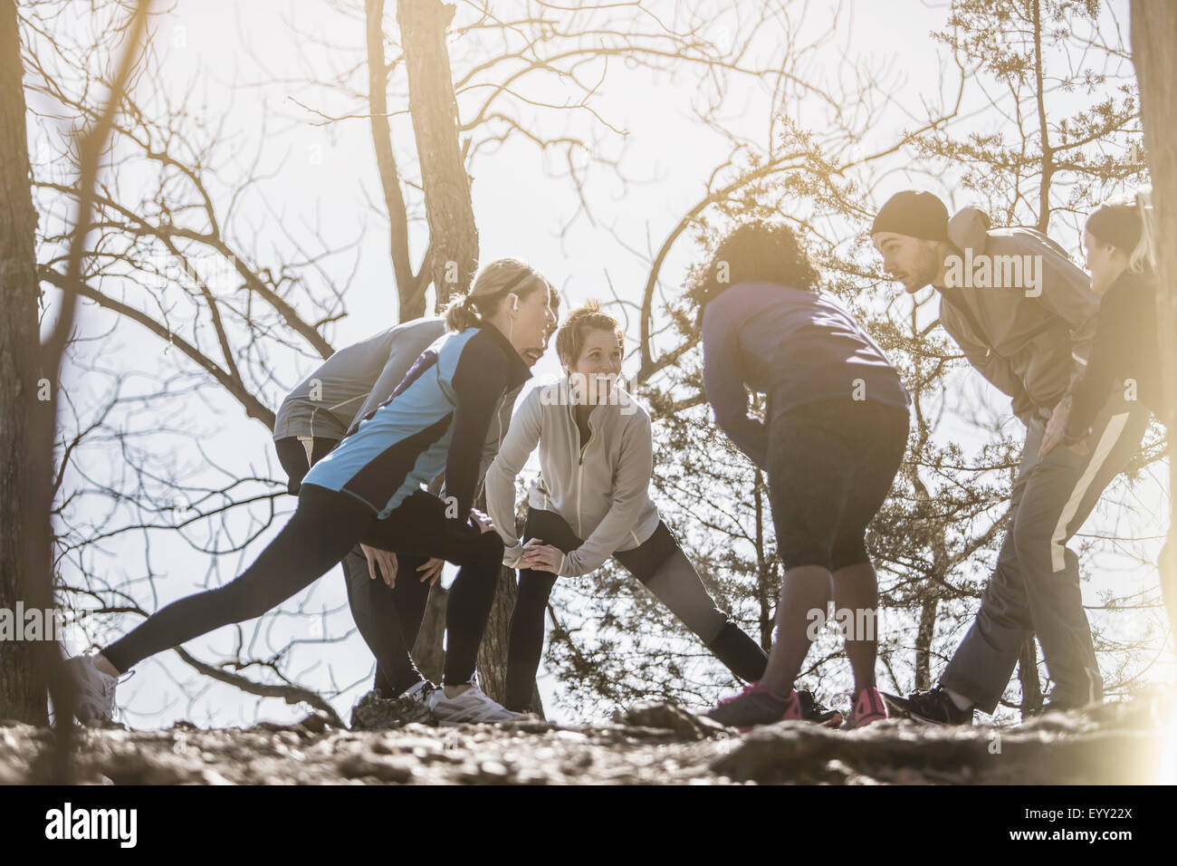 Niedrigen Winkel Ansicht der Athleten im Wald Stockfoto