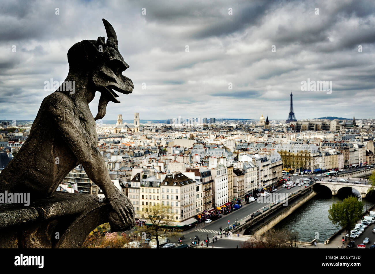 Wasserspeier Skulptur über Paris Stadtbild, Ile-de-France, Frankreich Stockfoto