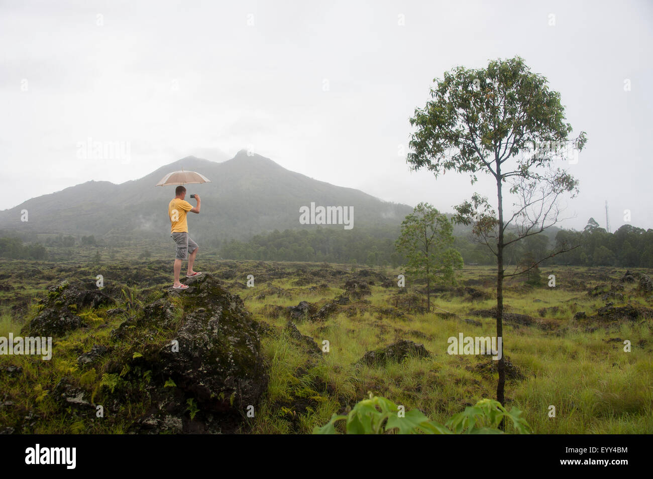Kaukasische Touristen fotografieren malerische Aussicht auf den Dschungel Stockfoto
