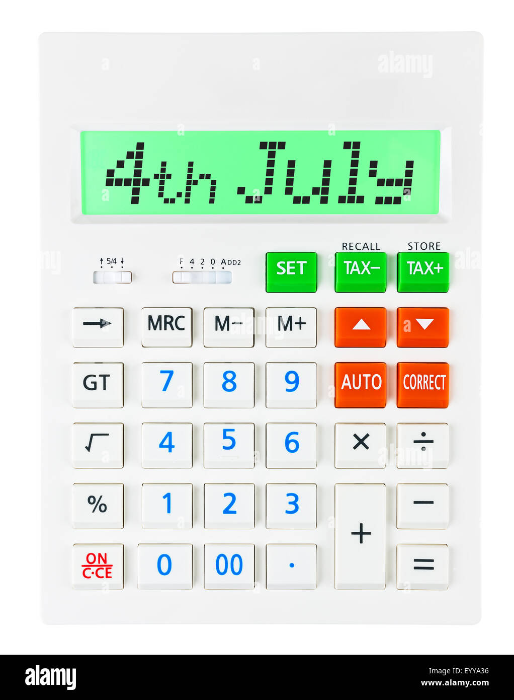 Taschenrechner mit 4. Juli auf dem Display auf weißem Hintergrund Stockfoto