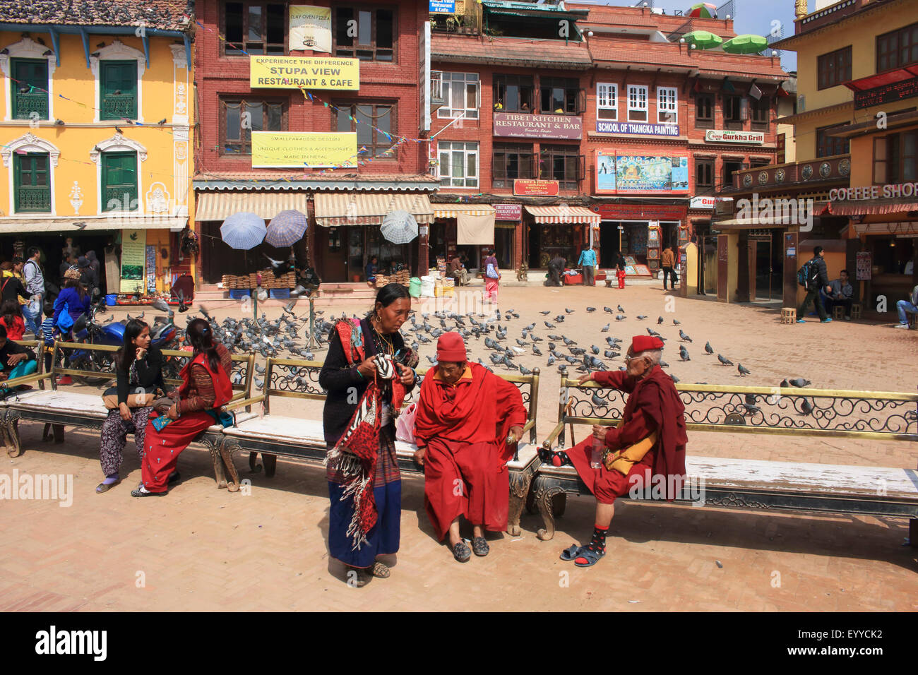 Innere Stadt von Bodnath, rund um den Stupa, Nepal, Kathmandu Stockfoto