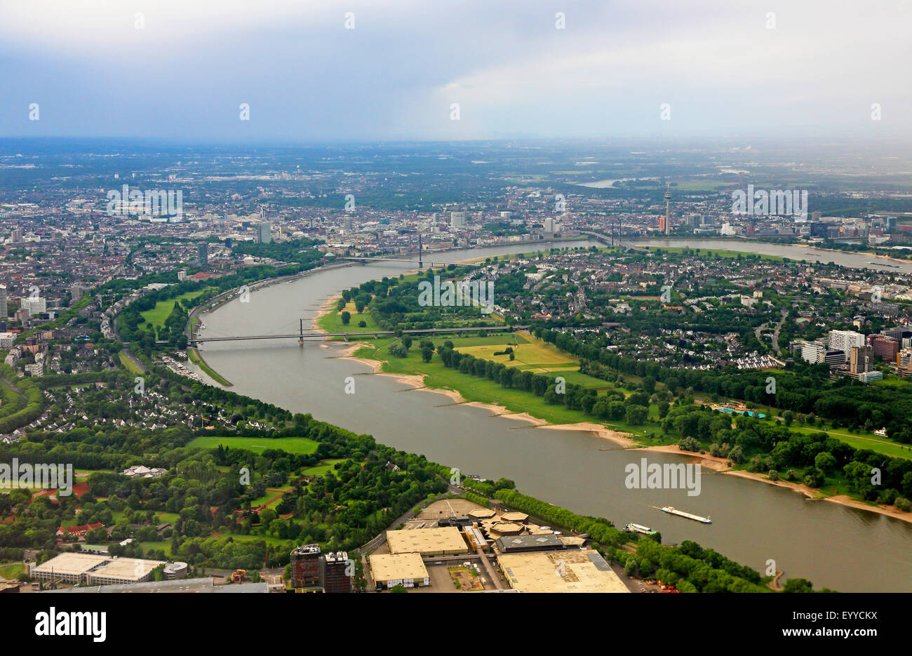 Rhein in Oberkassel, Luftaufnahme, Düsseldorf, Niederrhein, Nordrhein-Westfalen, Deutschland Stockfoto