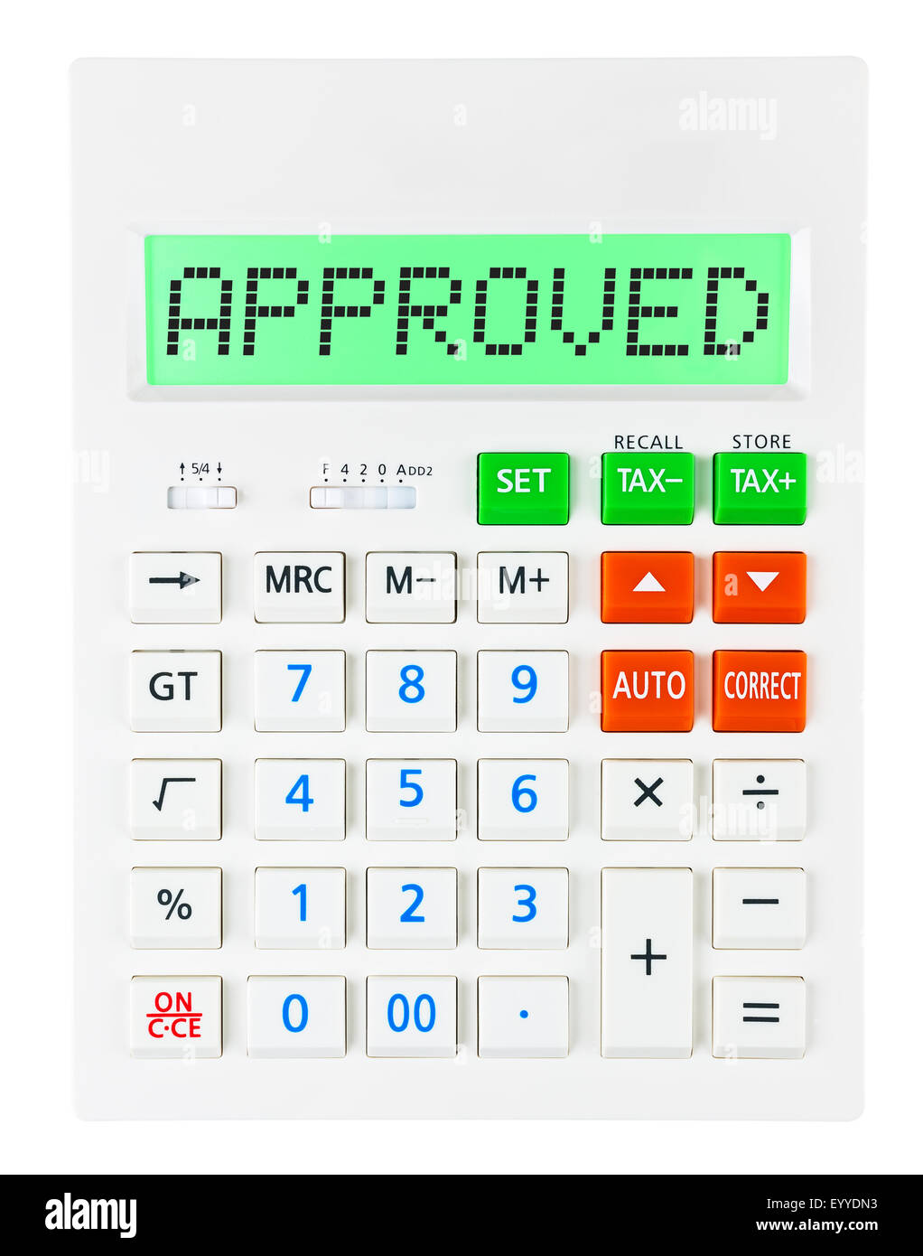 Taschenrechner mit genehmigt am display isolierten auf weißen Hintergrund Stockfoto