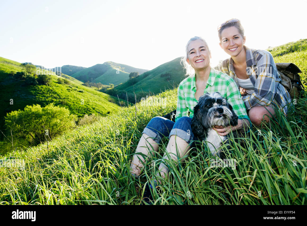 Kaukasische Mutter und Tochter Petting Hund auf grasbewachsenen Hügel Stockfoto