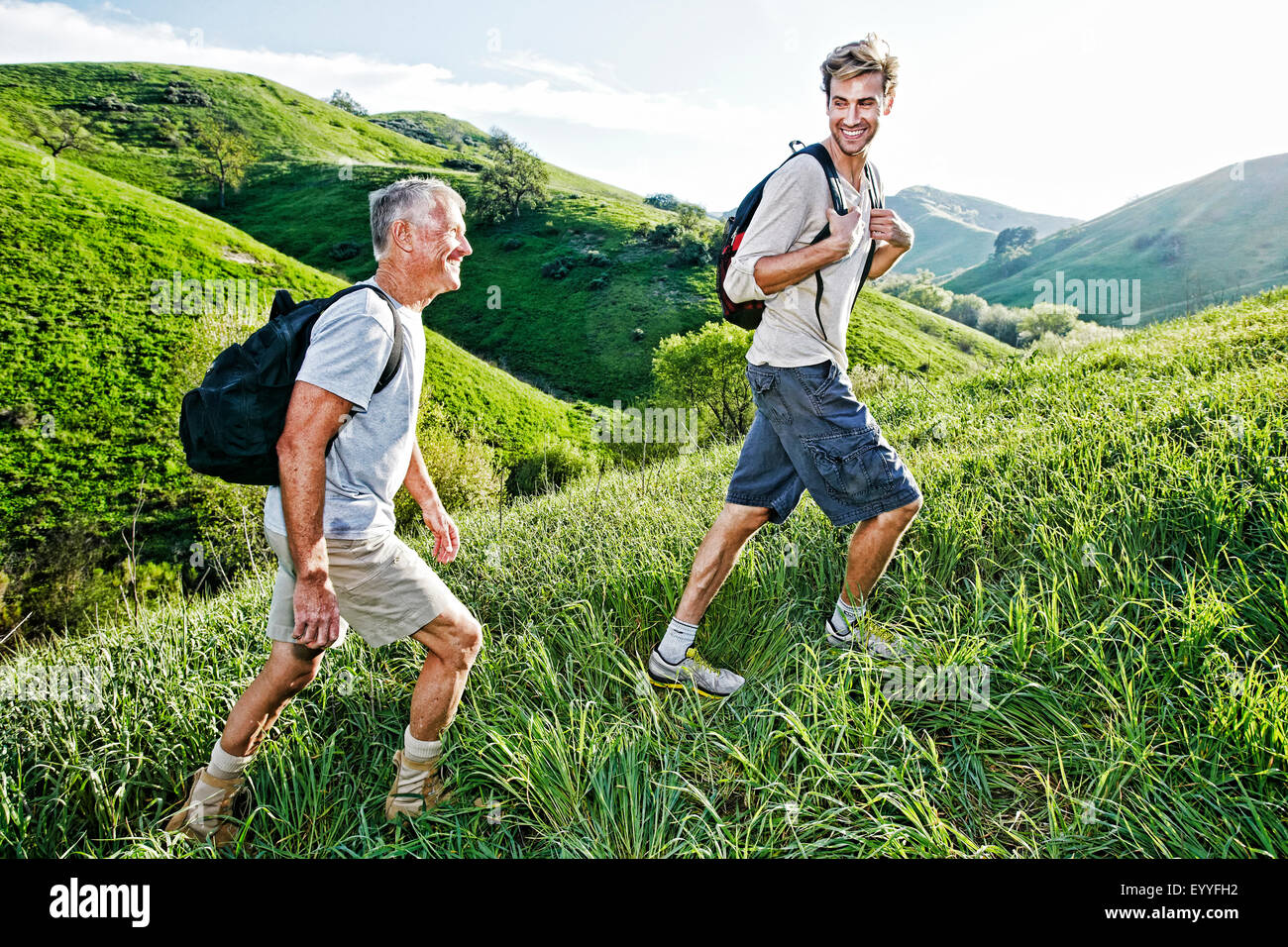 Kaukasische Vater und Sohn gehen auf grasbewachsenen Hang Stockfoto